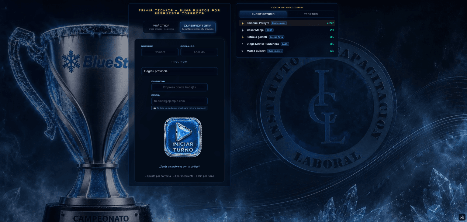 Pantalla del juego Trivia oficial Campeonato AC 2026